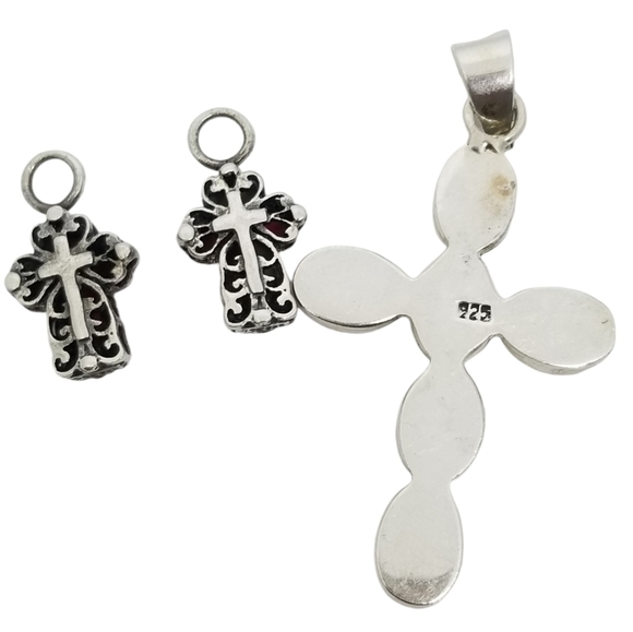VINTAGE STERLING SILVER LARGE CROSS PENDANT & TWO SMALL CROSS PENDANTS SET - Picture 2 of 5